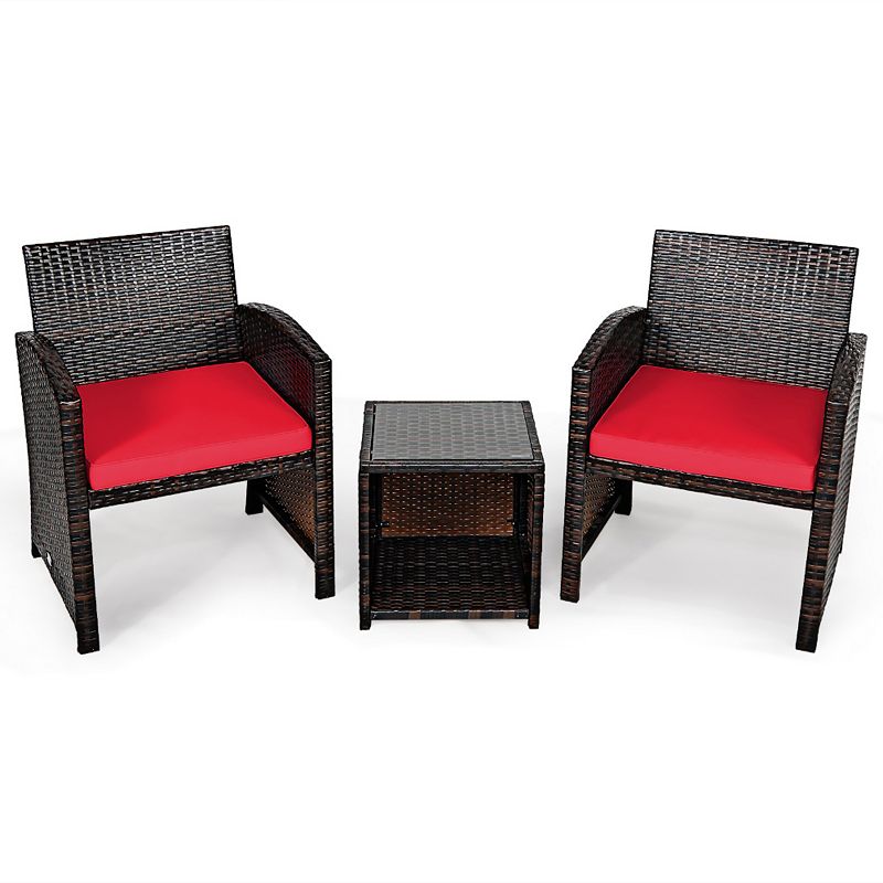 3 Pieces PE Rattan Wicker Furniture Set with Cushion Sofa Coffee Table for Garden