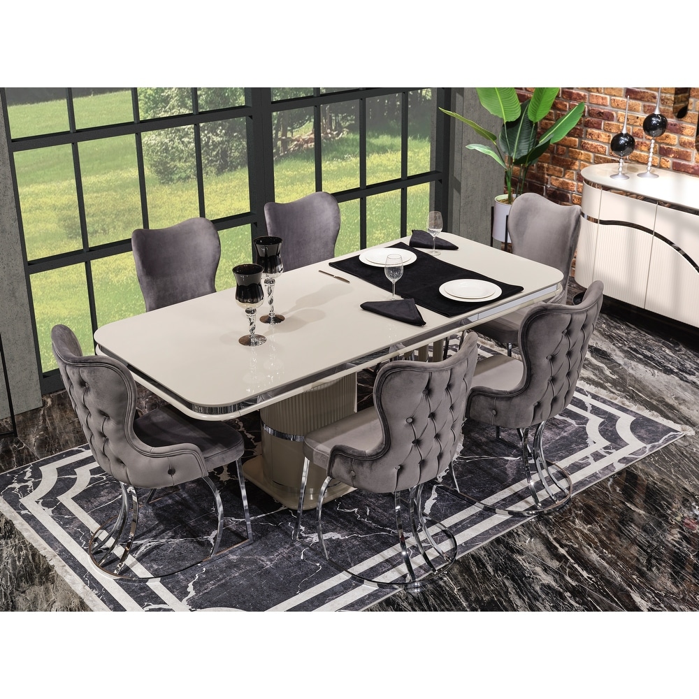 Vartolu Modern Dining Room Table  6 Dining Room Chairs and Console With Mirror Set