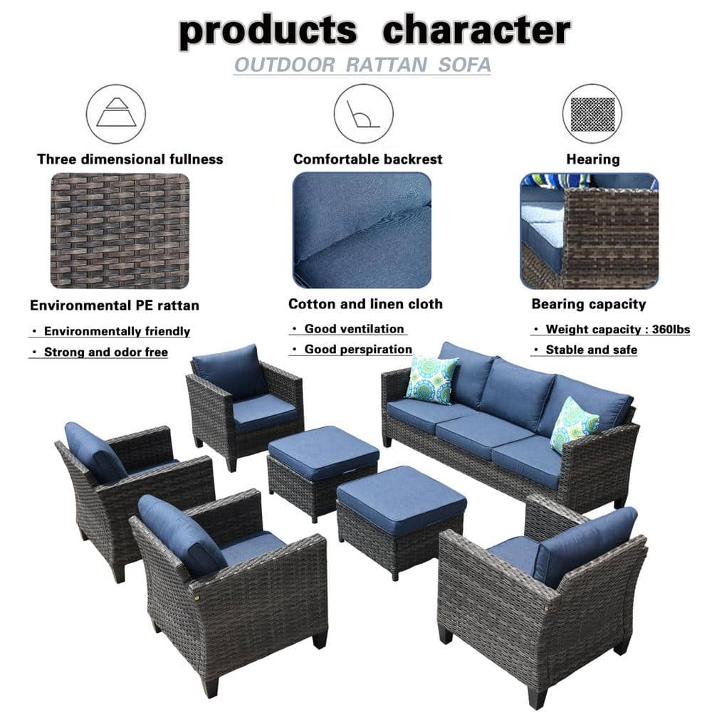 OVIOS New Vultros Gray 7-Piece Wicker Outdoor Patio Conversation Seating Set with Blue Cushions GRS3027