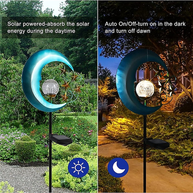 Outdoor Stars Moon Solar Power Light Romantic Moon Angel Retro Metal Lamp With Crackle Glass Globe Led For Courtyard Garden Landscape Lighting 1X