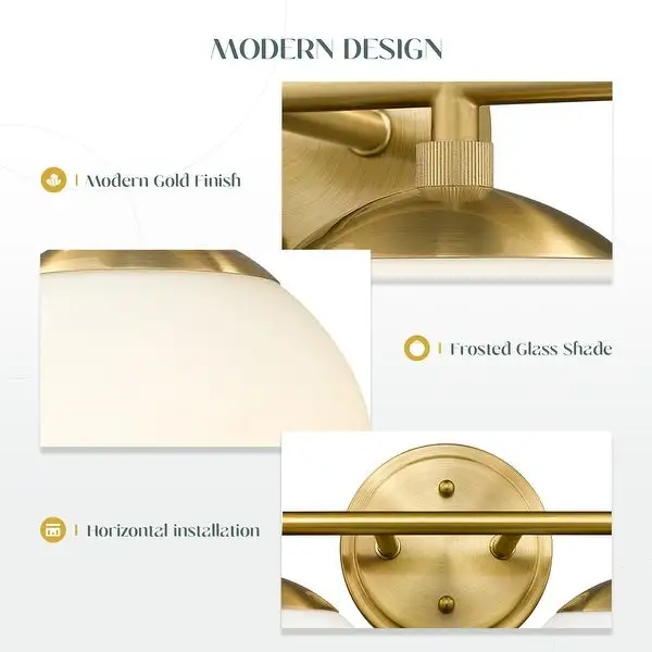 Modern Bathroom Vanity Light with Frosted Glass Shades in Gold Finish