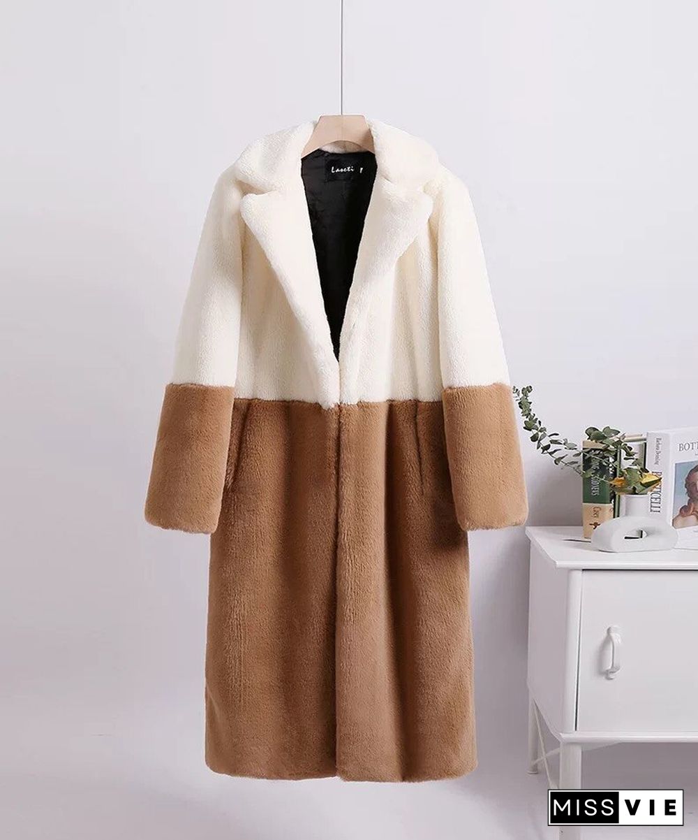 Winter Plus Size Patchwork Faux Fur Long Coat Women Elegant Turn Down Collar Thick Oversize Outwears Female Furry Jacket 5XL