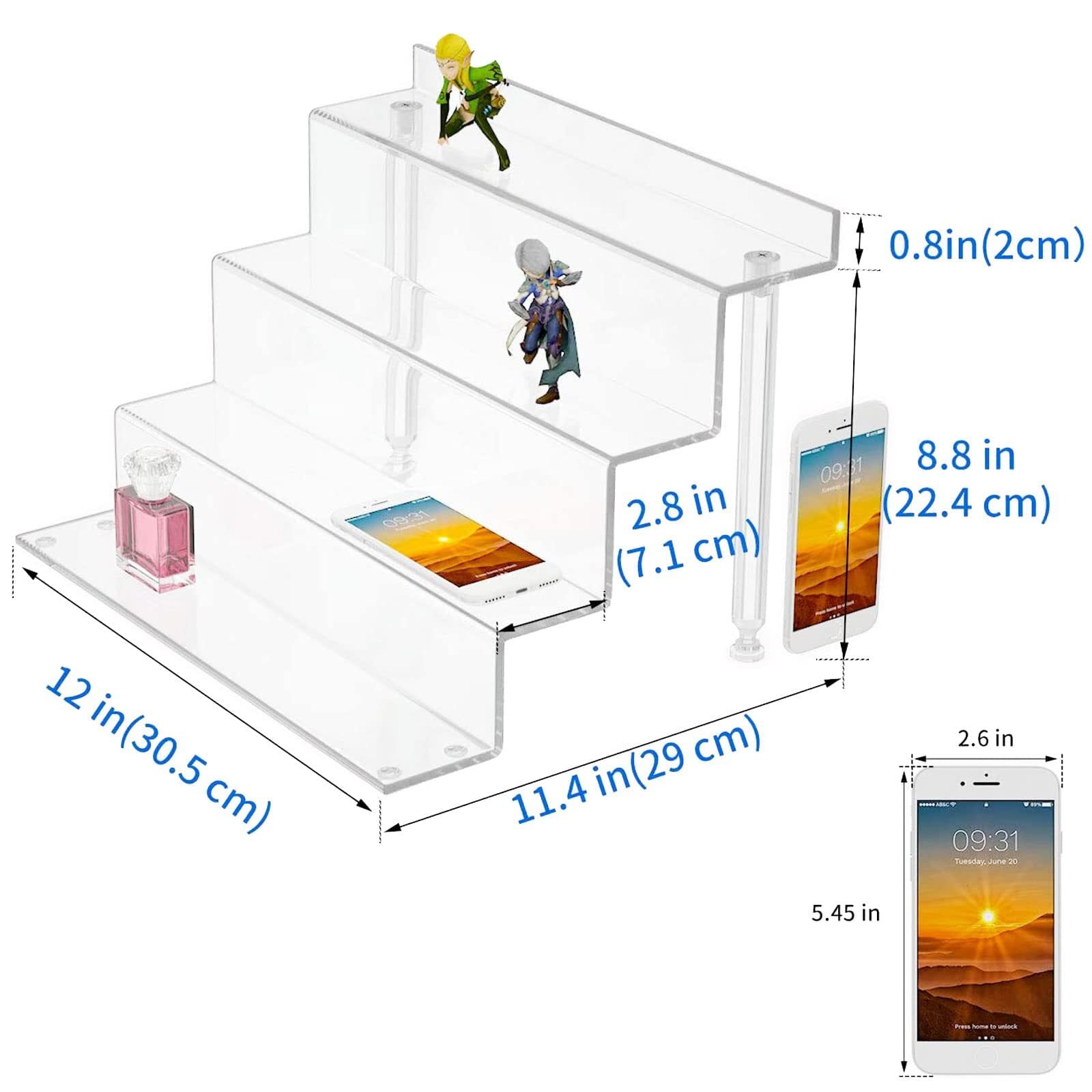 NIUBEE® Acrylic Riser Display Shelf(Pack of 2), Clear Display Stand for Amiibo Funko POP Figures,4 Tier Cupcakes Stand Perfume Organizer and Storage, Small