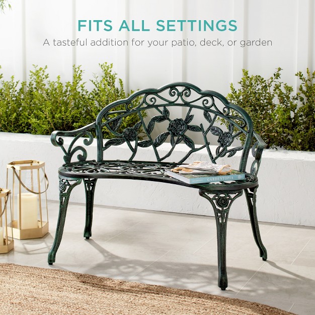 Best Choice Products Outdoor Bench Steel Garden Patio Porch Furniture W Floral Accent Antique Finish