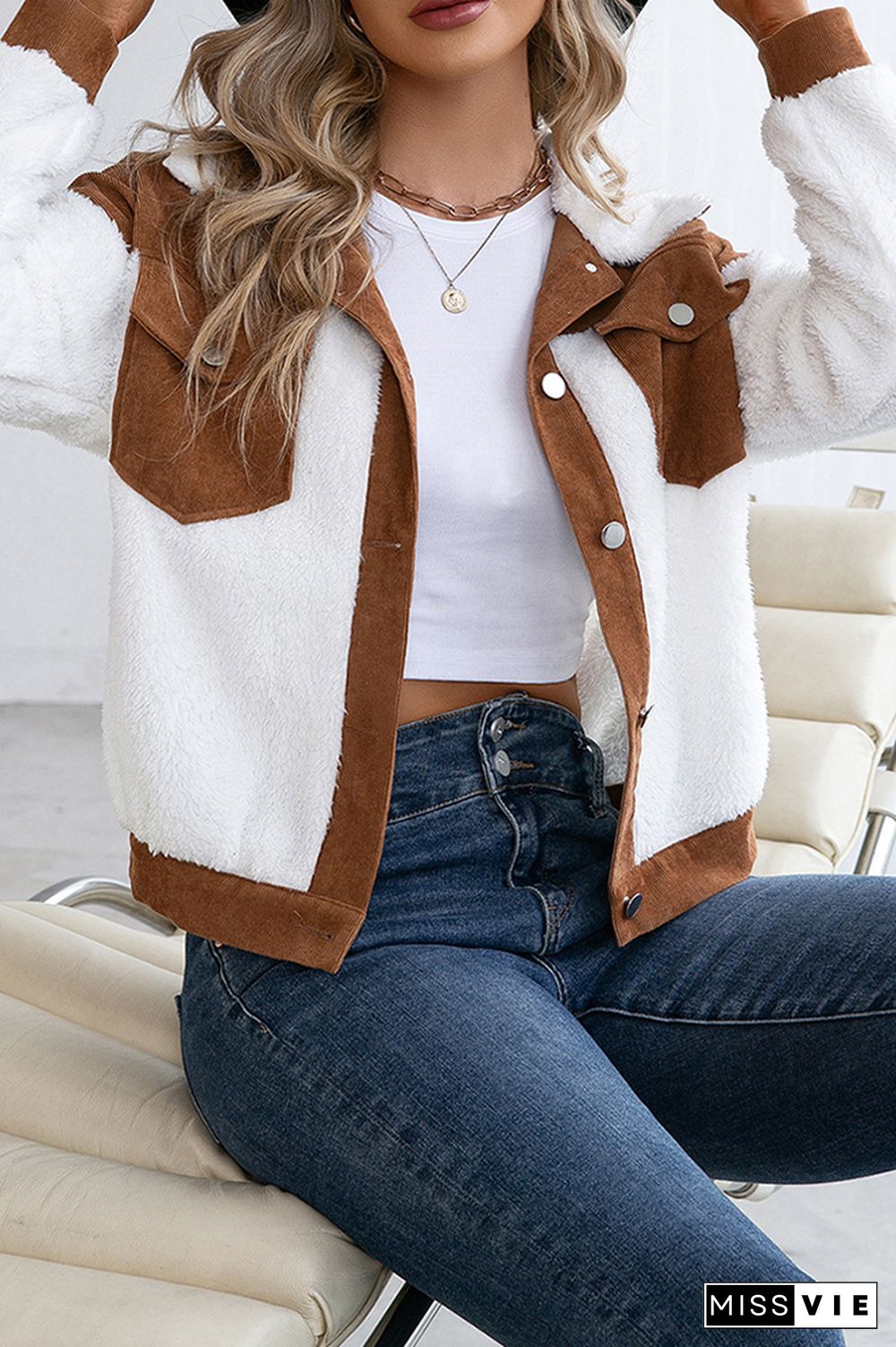 Brown Corduroy Splicing White Fleece Crop Jackets