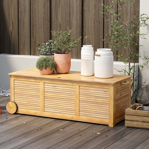 Costway 48 Gallon Acacia Wooden Patio Storage Deck Box Outdoor Storage Box With Wheels