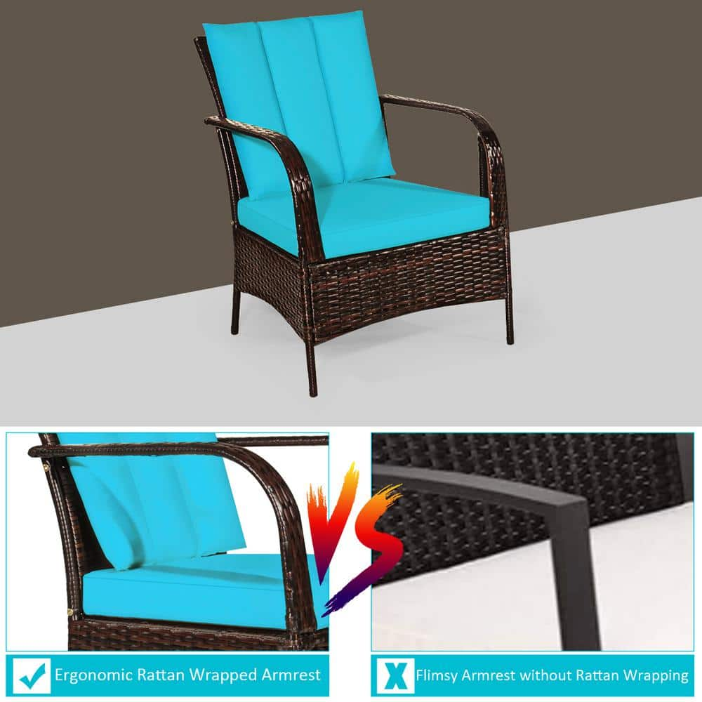 Costway Brown 3-Piece Wicker Patio Conversation Seating Set with Turquoise Cushions HW65850TU