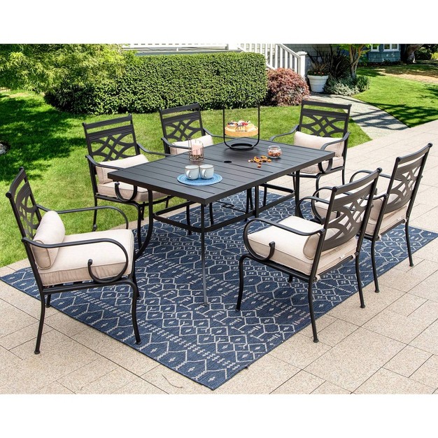 7pc Outdoor Dining Set With Chairs With Cushions amp Large Metal Table With Umbrella Hole Captiva Designs