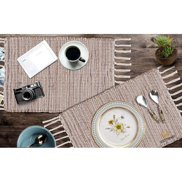 100% Cotton Woven Placemats for Dining Room Rectangle 14''x20'' with Fringes | Set of 6 | Washable