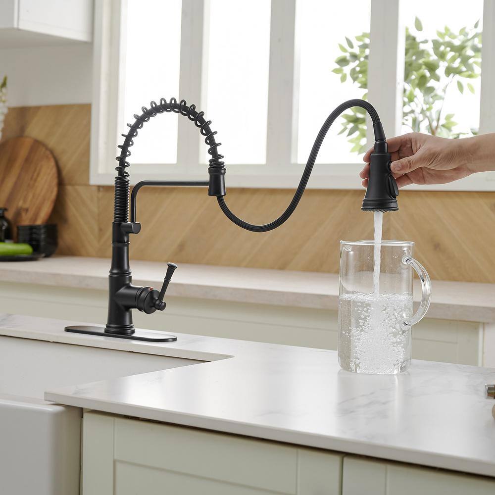 BWE Single-Handle Pull-Down Sprayer 3 Spray High Arc Kitchen Faucet With Deck Plate in Matte Black A-94559-B