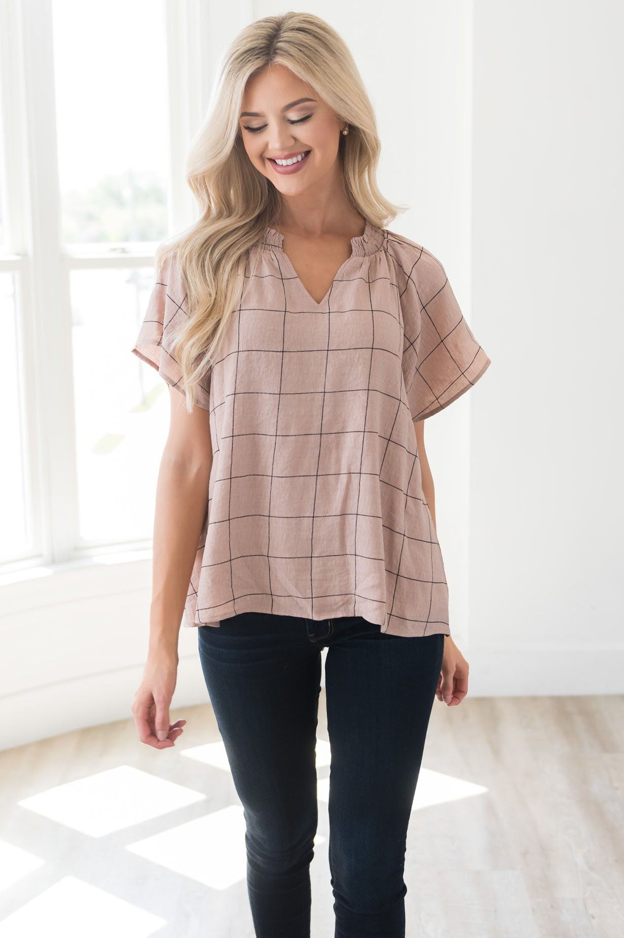 Nine to Five Modest Windowpane Blouse