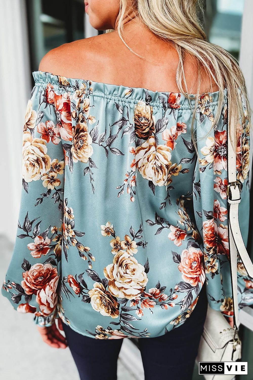 Sky Blue Ruffled Off Shoulder Long Sleeve Floral Blouse