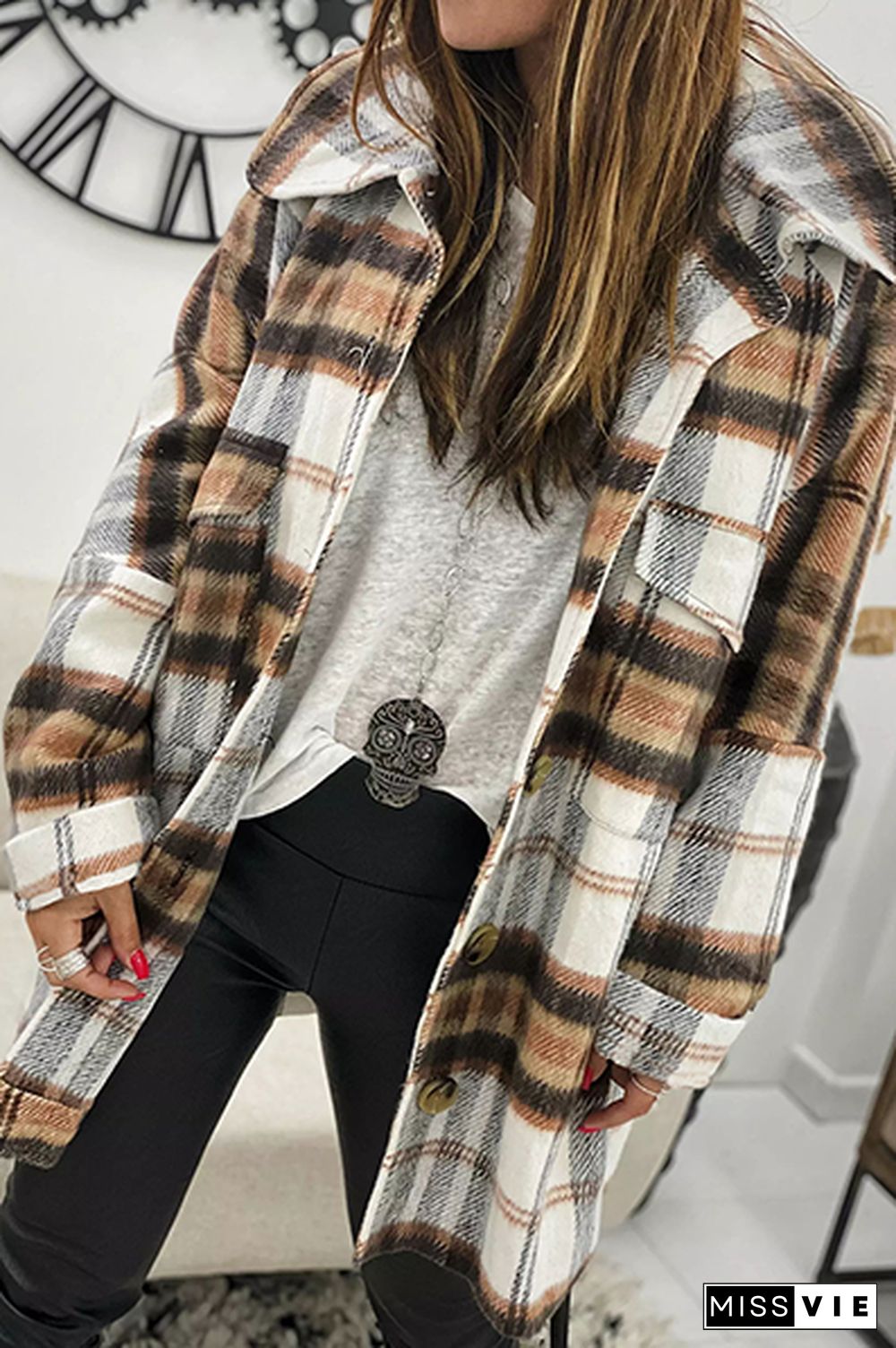 Plaid Lapel Hem Slit Loose Coat