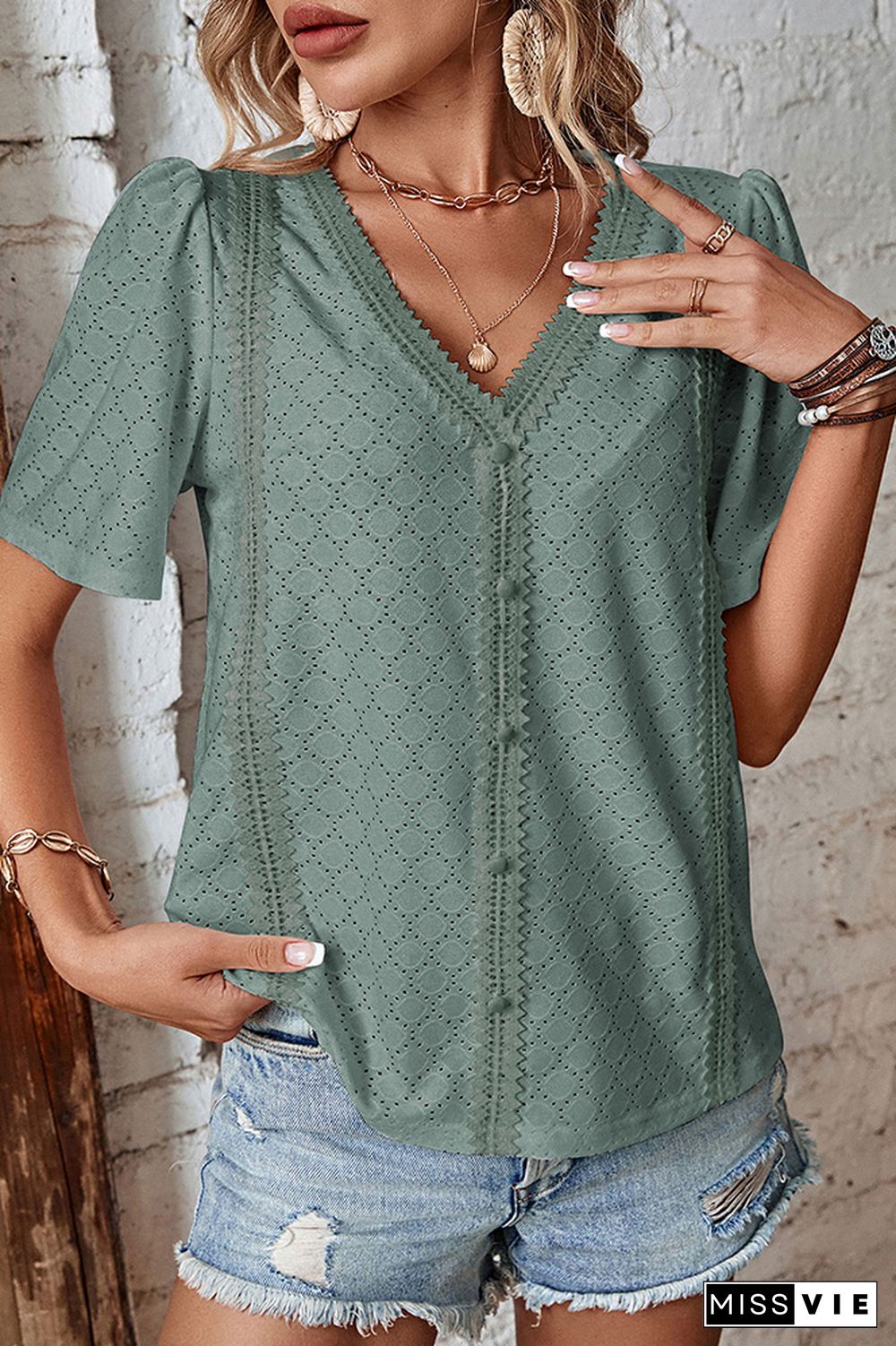 Plain V Neck Lace Edge Textured Buttoned Blouse