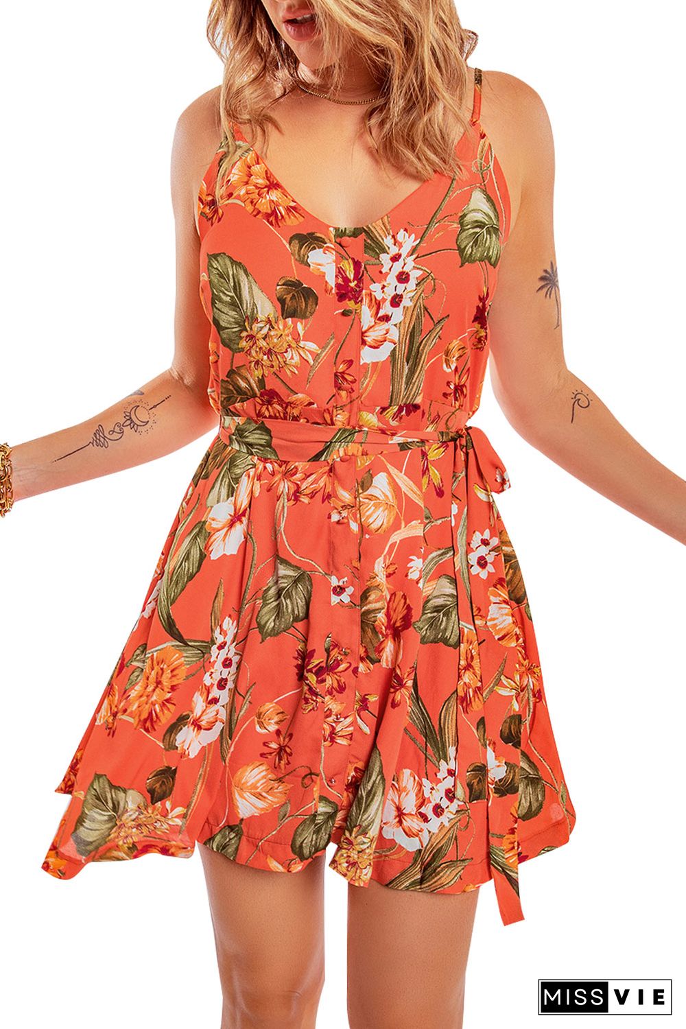 Orange Sleeveless A-line Floral Dress