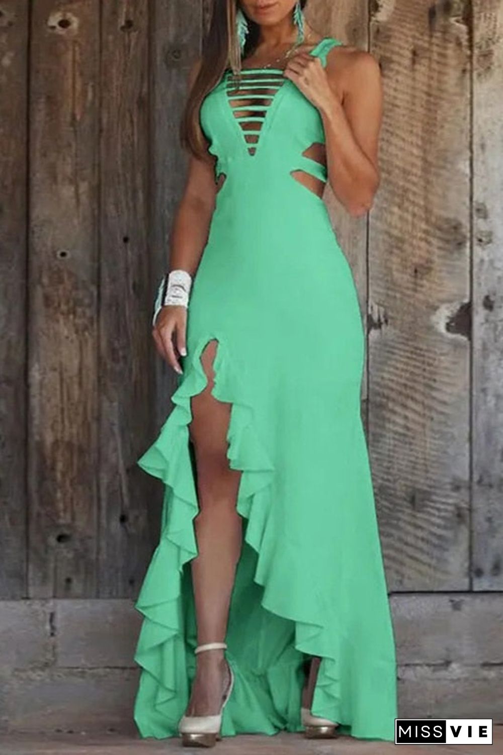 Hollow Out Ruffle Trim Split Thigh Maxi Dress