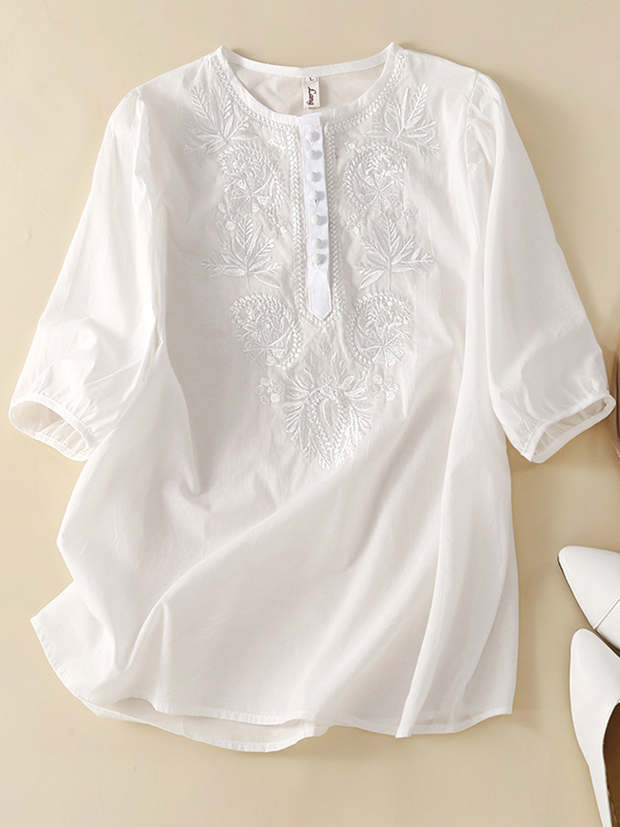 Loose Casual Crew Neck Embroidered Short Sleeve Blouse