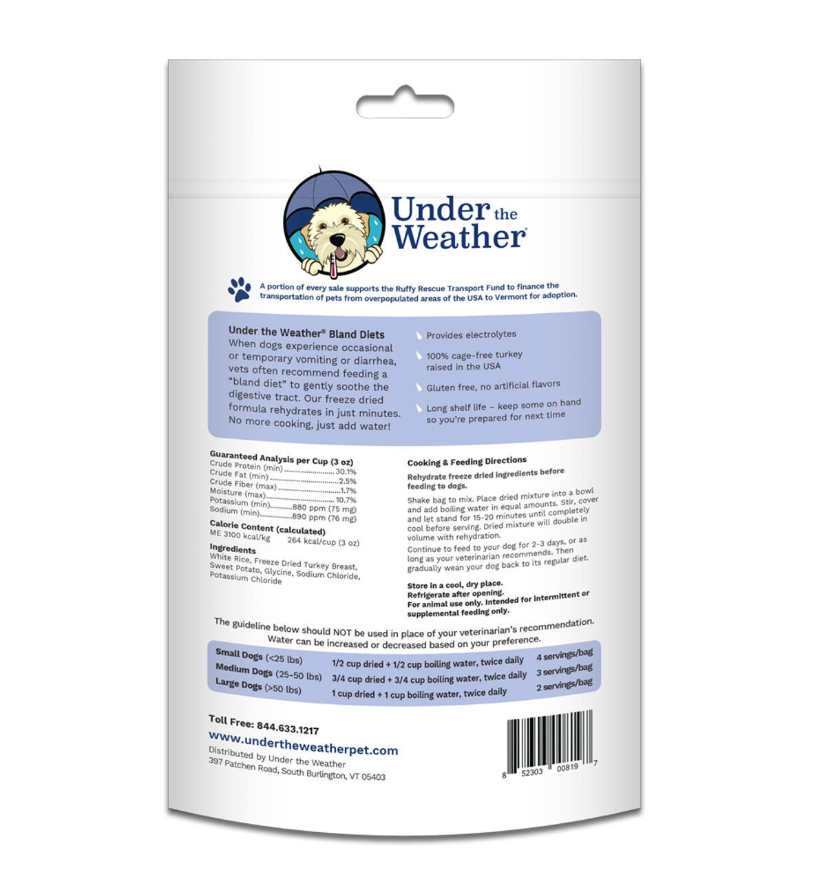 Under The Weather Freeze Dried Bland Diet Turkey， Rice， and Potato Dog Food  6oz