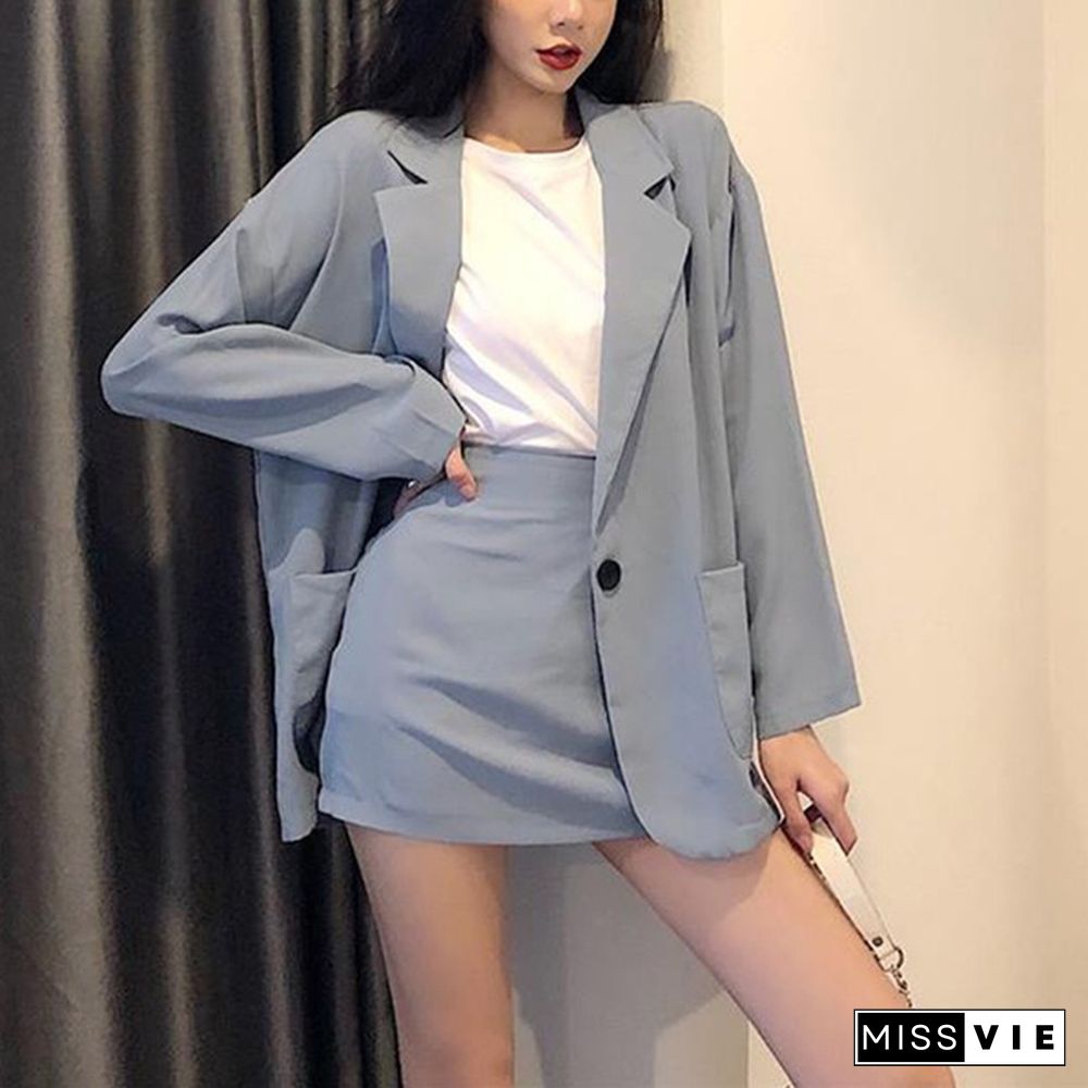 Fashion Women Skirt Suits One Button Notched Spring Blazer Jackets Slim Mini Skirts Two Pieces Ol Sets Female Outfits