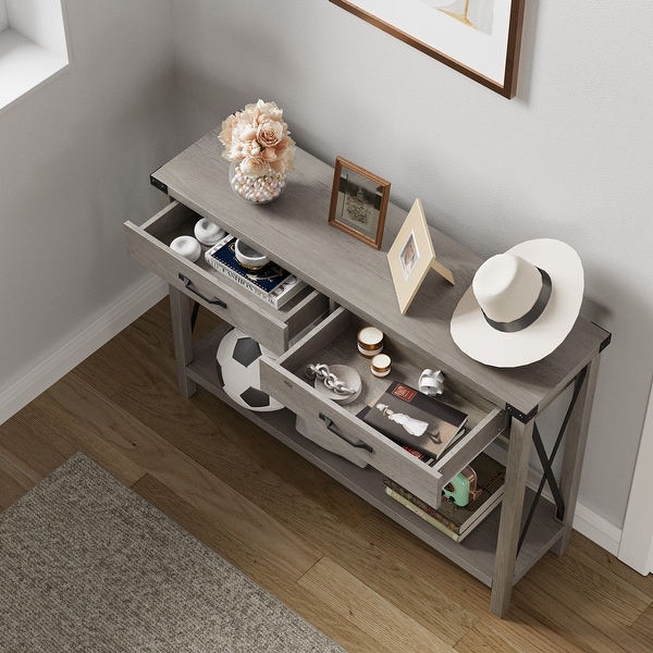 Console Table with 2 Drawers， Farmhouse Sofa Table with Storage Shelf， Accent Wood Entryway Table for Living Room