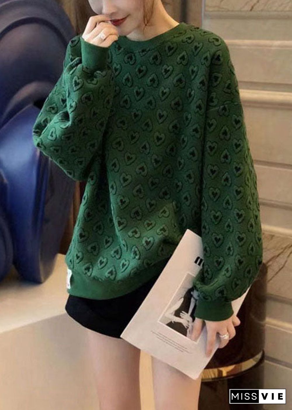 New Green O-Neck Print Cute Fall Sweatshirts Top