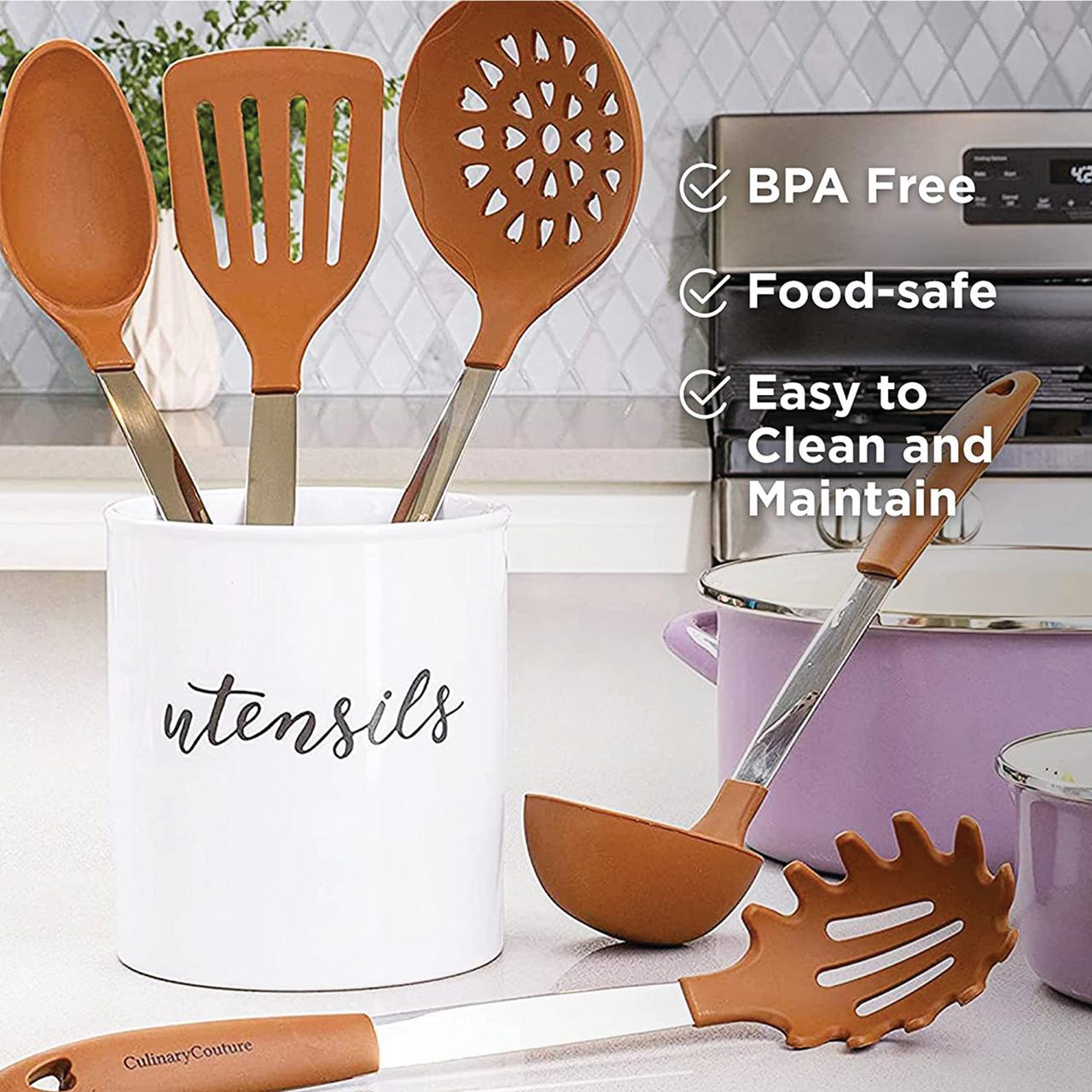 Culinary Couture Kitchen Utensils Set Cooking Essentials Silicone & Stainless Steel Set of 6 Brown