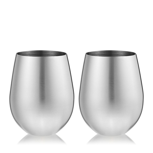 Viski Silver Wine Glasses Stemless Wine Glass Set Stainless Steel With Copper Finish 18 Ounces Set Of 2 Silver