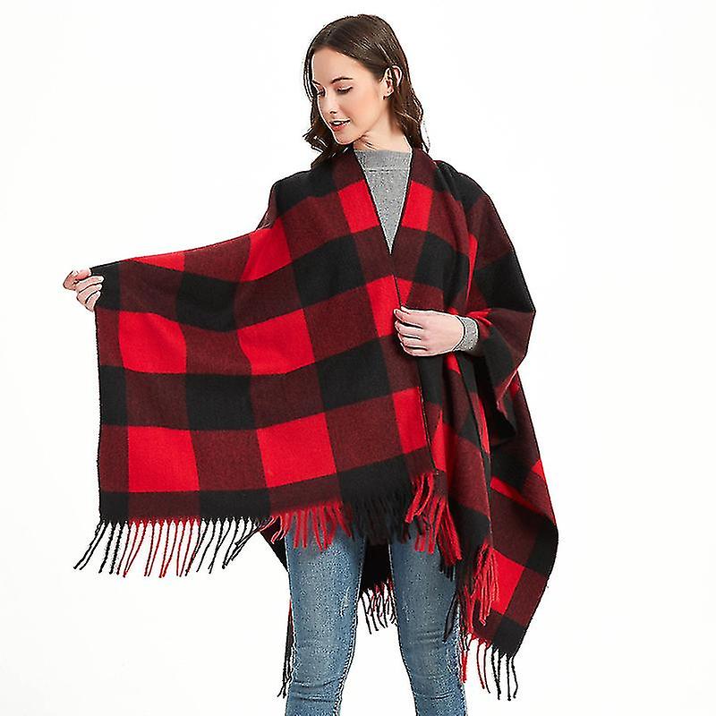 Women's Shawl Fashion Trend Plaid Soft Shawl Open Front Poncho Fringe Cape_a