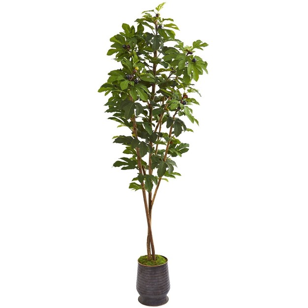 Nearly Natural 88-in Fig Artificial Tree In Ribbed Metal Planter