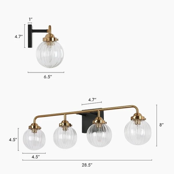 Modern 4-Light Black Gold Bathroom Linear Vanity Lights Globe Glass Wall Sconces - 28.5