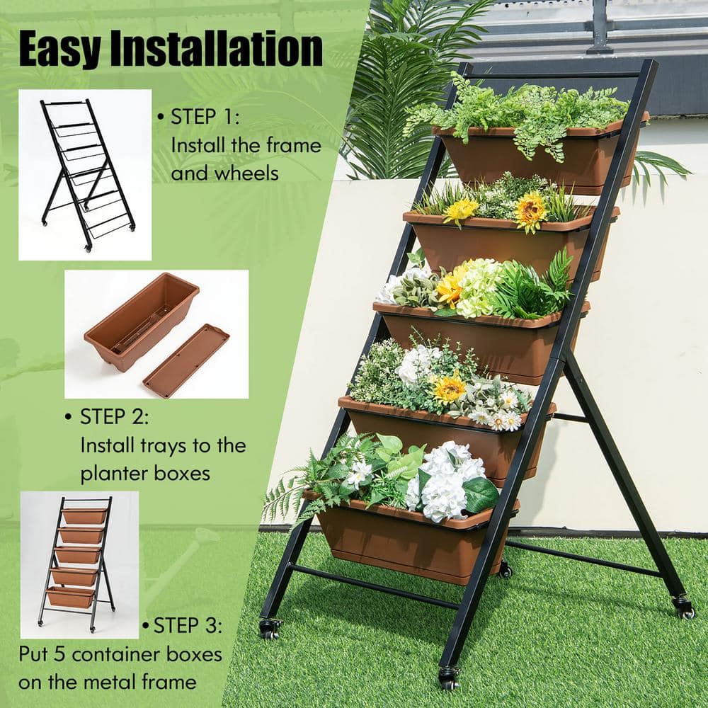 Costway 5-Tier Vertical Raised Garden Bed Elevated Planter with Wheels and Container Boxes NP10949CF