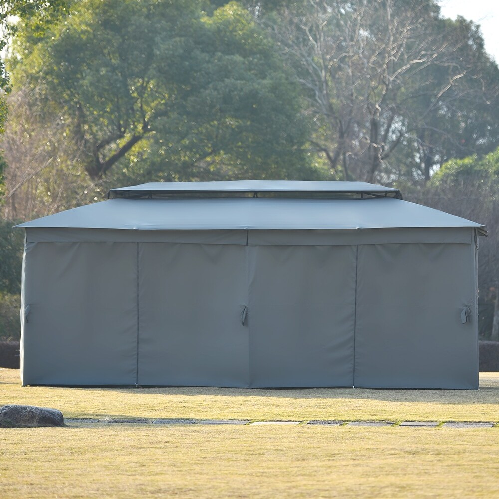 Gray 9 x 18 ft Oxford Cloth Gazebo with Double Top  Mosquito Nets  UV Proof