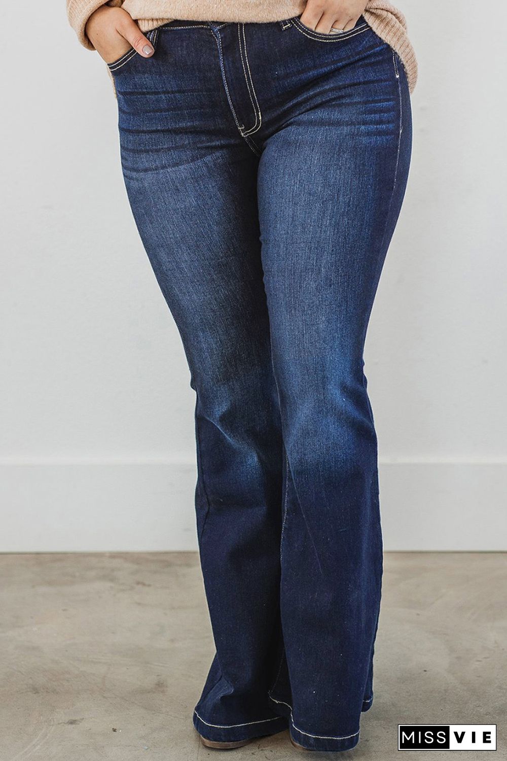 Plus Size Deep Wash Mid-waist Flared Jeans