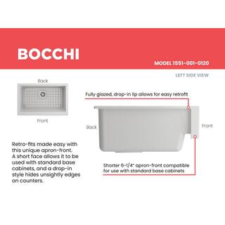 BOCCHI Nuova Pro 34 in. Short Apron Drop-InUndermount Single Bowl White Fireclay Kitchen Sink with Grid in. Strainer 1551-001-0120