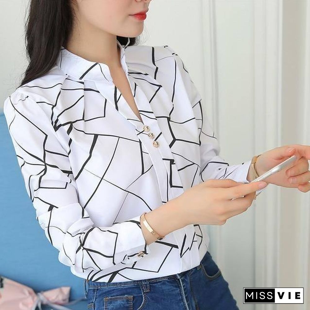 JFUNCY Plus Size Women White Tops and Blouses Fashion Stripe Print Casual Long Sleeve Office Lady Work Shirts Female Slim Blusas