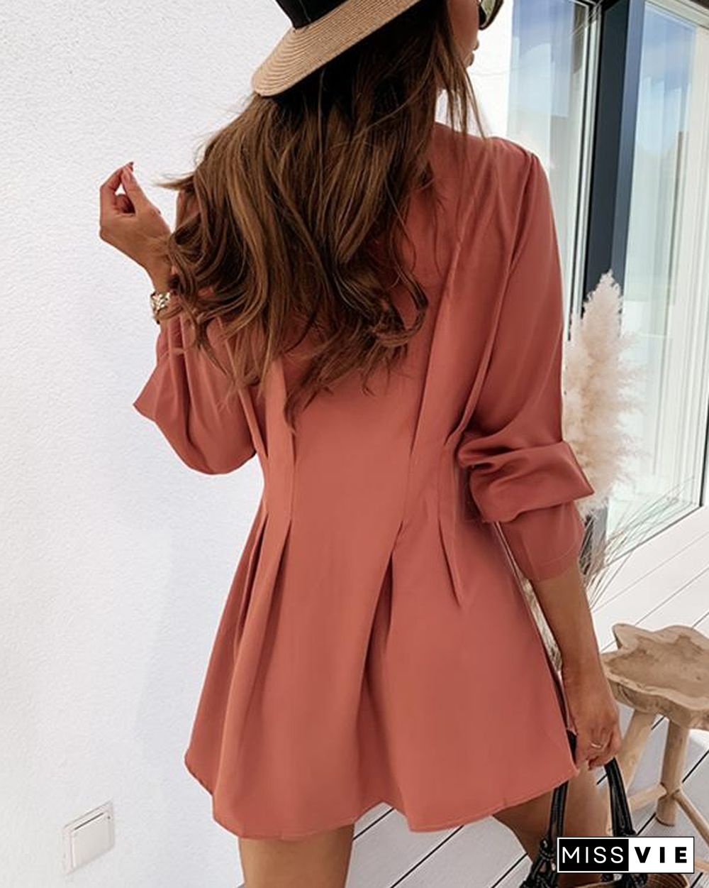 Solid Slim Pleated Long Sleeve Tight Waist Shirt Dress