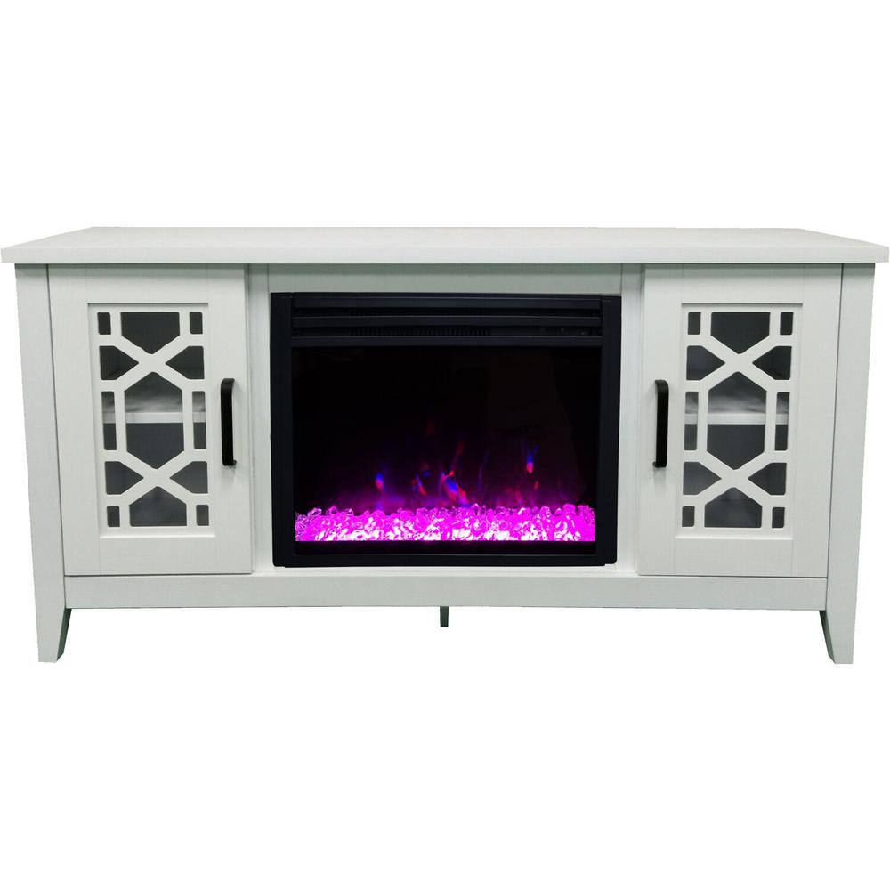 Hanover Arcadia Mid-Century 55.9 in. W Freestanding Electric Fireplace TV Stand in White with Multi-Color Crystal Insert FS5414-1BWTCS