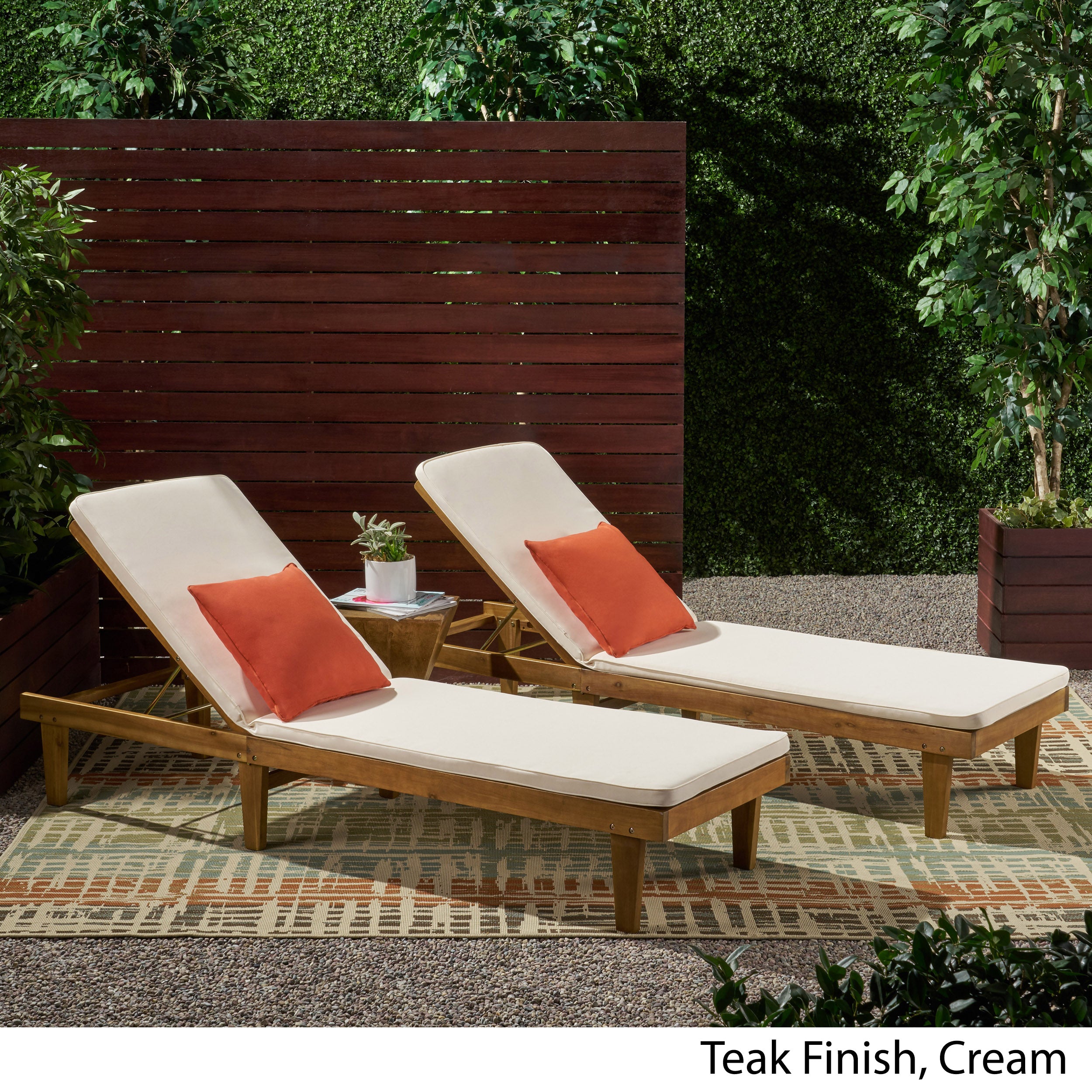 Nadine Outdoor Modern Acacia Wood Chaise Lounge with Cushion (Set of 2)