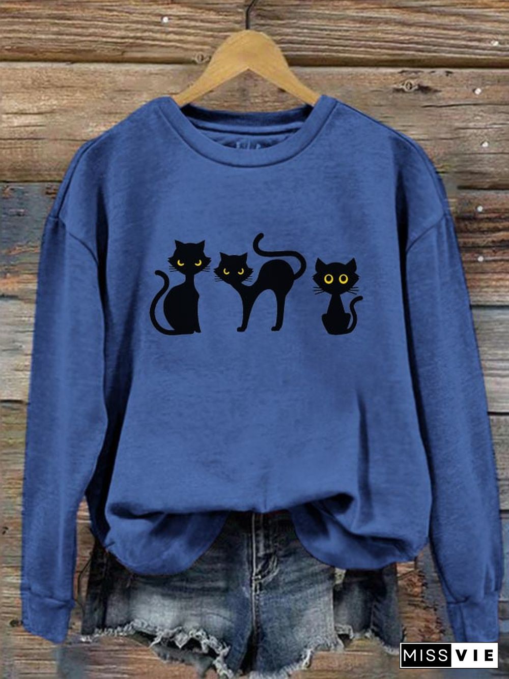 Women's Halloween Cat Print Crew Neck Sweatshirt