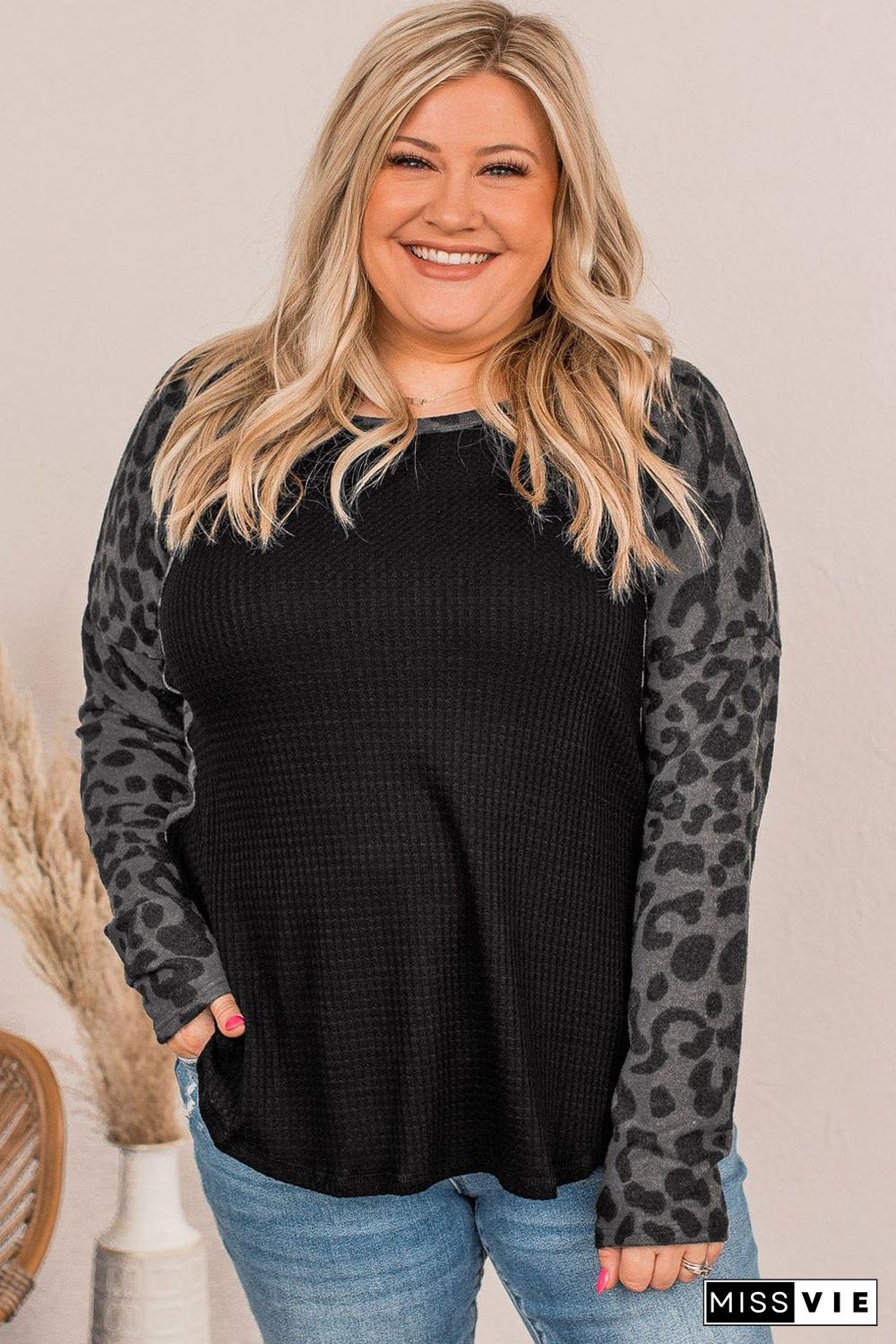 Leopard Raglan Sleeve Waffle Knit Plus Size Top