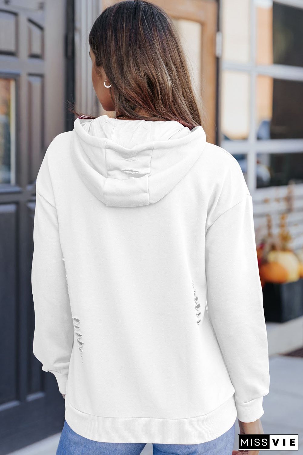 Solid Ripped Hooded Sweatshirt With Kangaroo Pocket