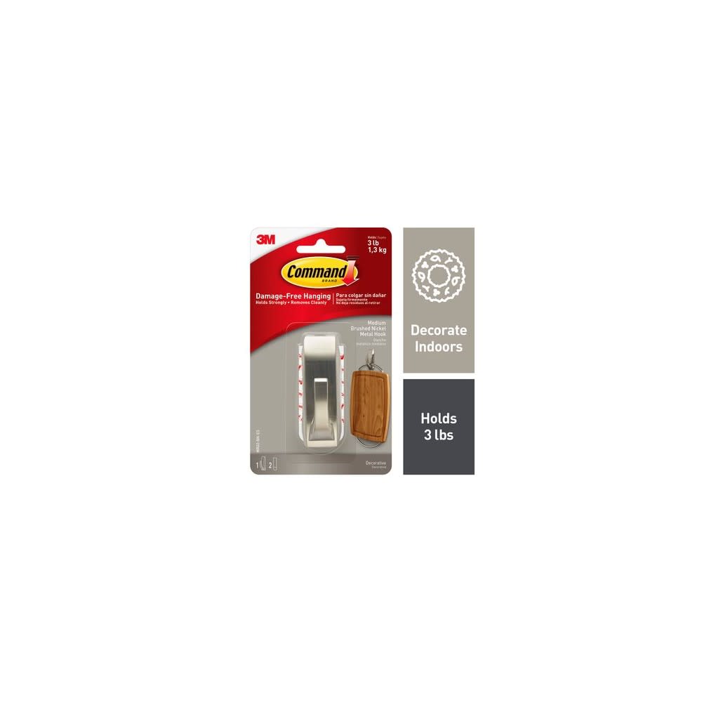 3M Command Medium Modern Reflections Brushed Nickel Metal Hook ;