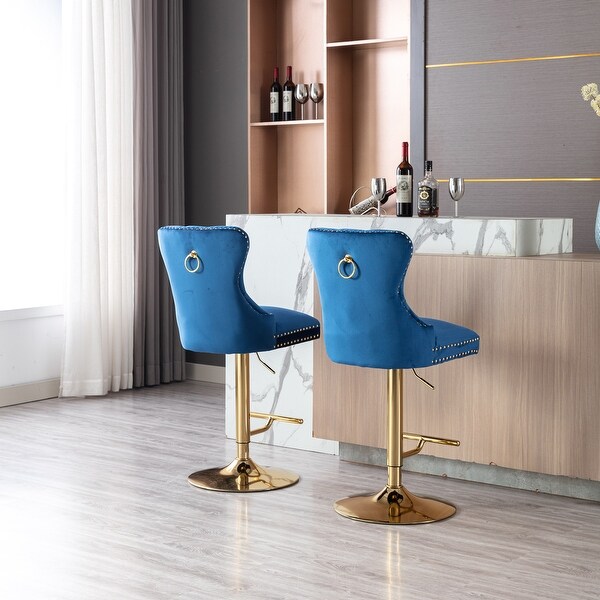 Modern Adjustable Counter Height Bar Stools， Velvet Upholstered Stool with Tufted High Back and Ring Pull for Kitchen， Set of 2