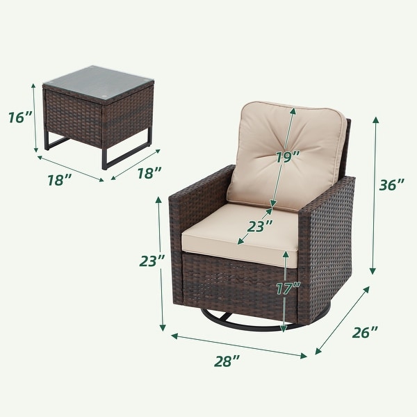 AVAWING 3 PCS Outdoor Wicker Swivel Rocking Chairs with Tempered Glass Side Table