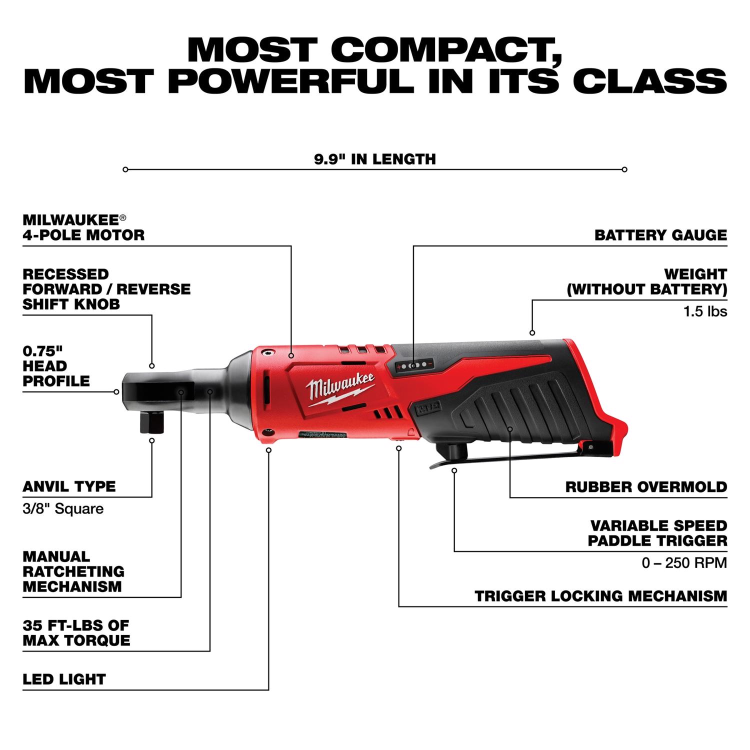 MW M12 12 V 3/8 in. Brushed Cordless Ratchet Tool Only