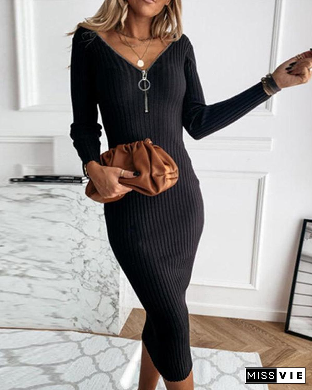 Solid Long Sleeves Bodycon Sweater Little Black/Casual Midi Dresses