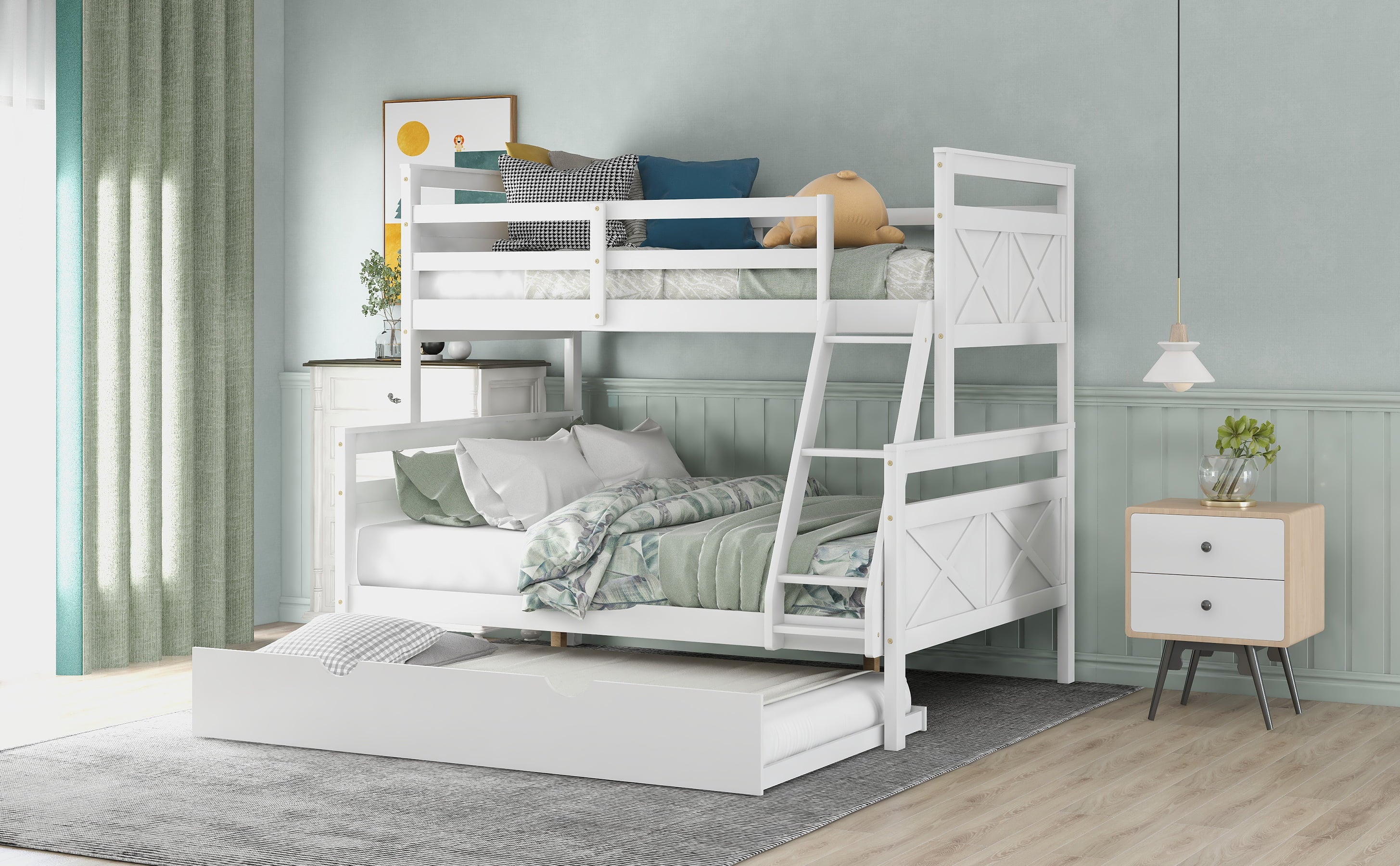 Euroco Wood Twin over Full Bunk Bed with Trundle for Kids & Adults for Bedrooms, White