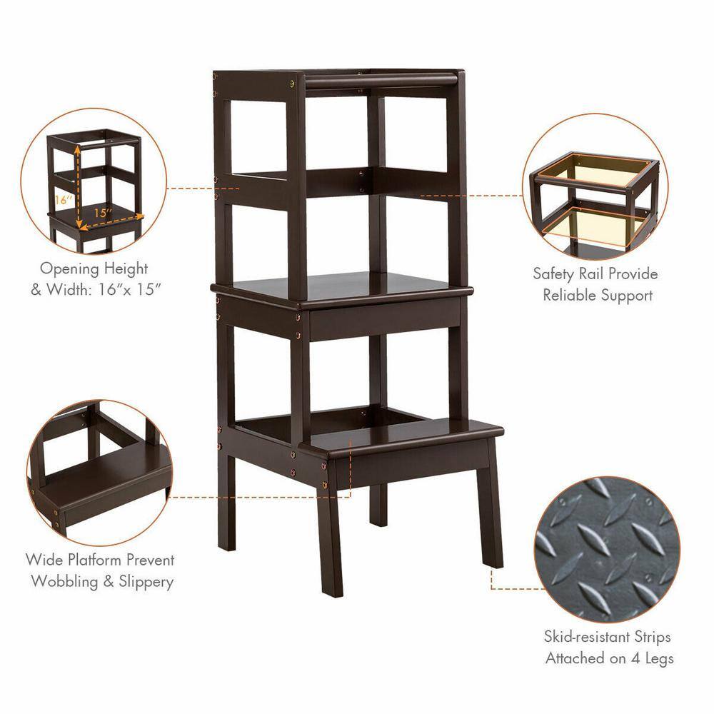 WELLFOR 2-Step Pine Wood Step Stool 330 lbs. Learning Toddler Tower with Safety Rail in Brown BB-HGY-5551CF