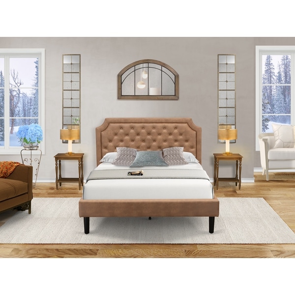 Modern 3-Piece Granbury Bed Set with a Queen Bed and 2 Antique Walnut Wood Nightstands - Brown Faux Leather and Black Legs - - 34702916