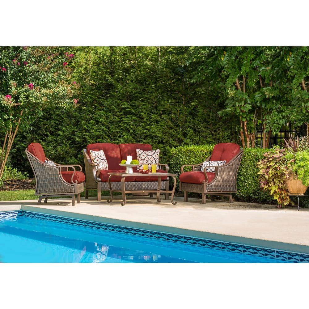 Hanover Ventura 4-Piece All-Weather Wicker Patio Seating Set with Crimson Red Cushions, 4-Pillows, Coffee Table VENTURA4PC-RED